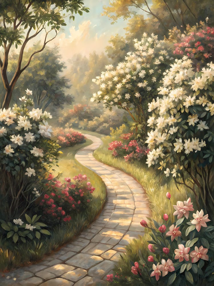 Ölgemälde-Stil Verzauberter Gartenweg Üppige Blumenlandschaft
