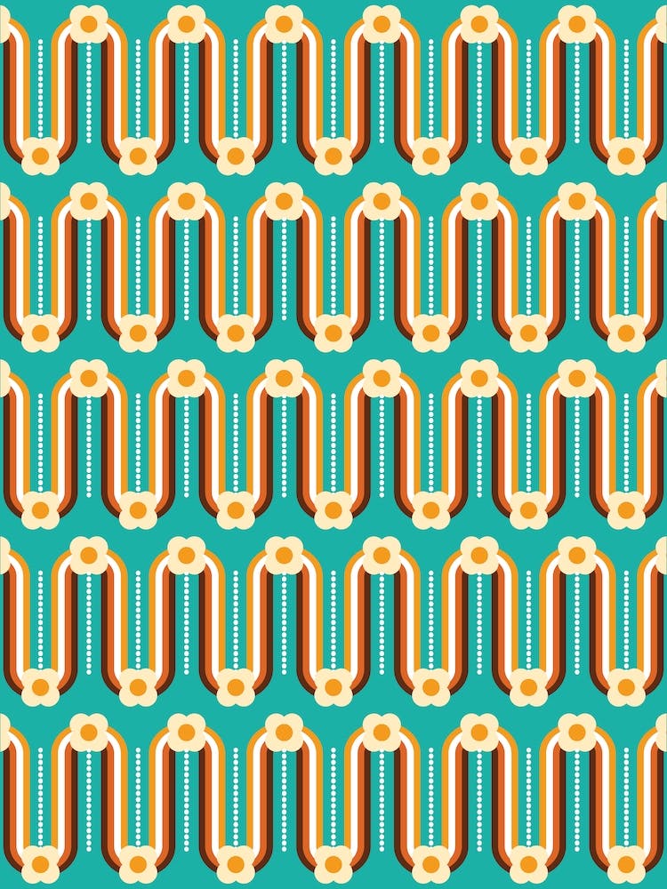 Retro Wavy Rainbows And Flowers Teal, Orange, Chocolate