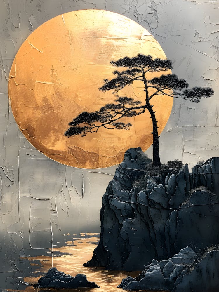 Golden Sun & Bonsai Tree Wall Art Textured Japanese Landscape Painting