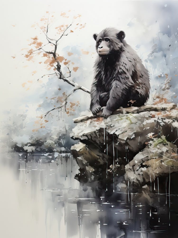 Jigokudani Monkey Park In Nagano, Japanese Brush Painting, Ukiyo E, Minimal 4