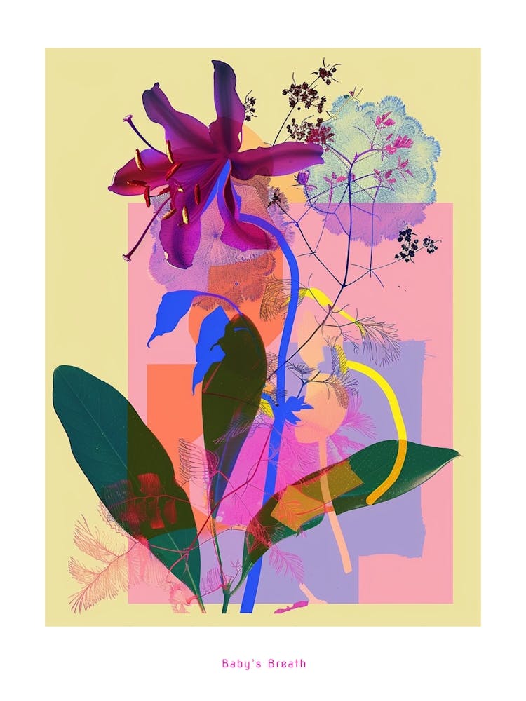 Baby S Breath 1 Neon Flower Collage Poster