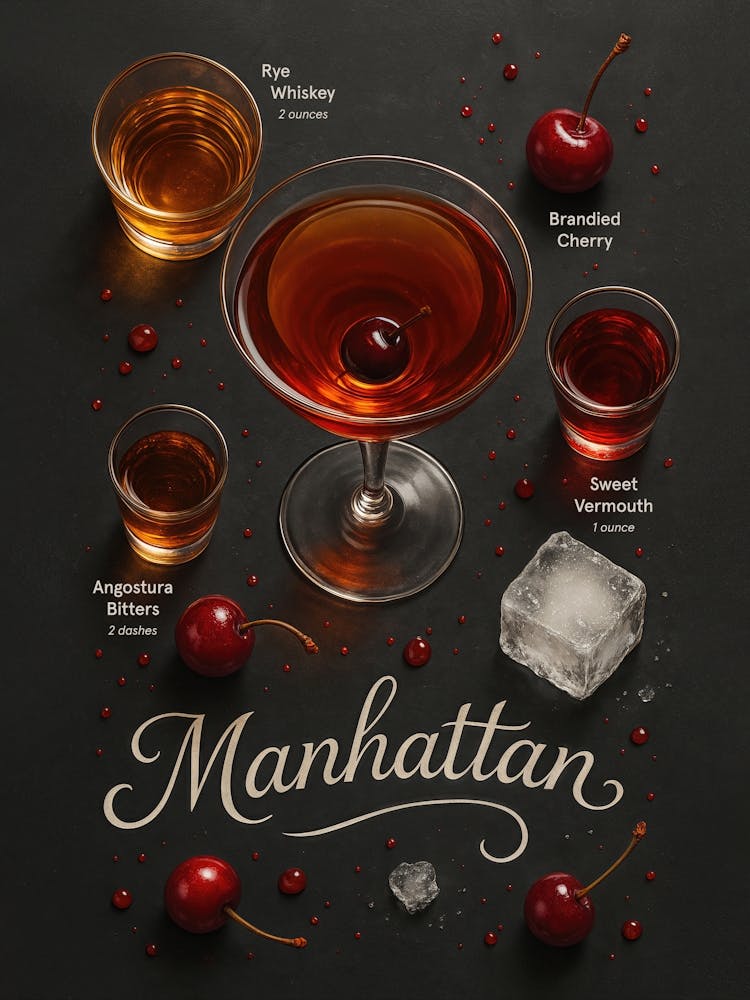 Manhattan Cocktail Poster – Whiskey and Cherry: An elegant blend of whiskey, sweet vermouth, and cherry – this Manhattan poster captures the timeless bar classic. With rich colors, refined typography, and a stylish glass, it’s perfect for kitchen walls, p