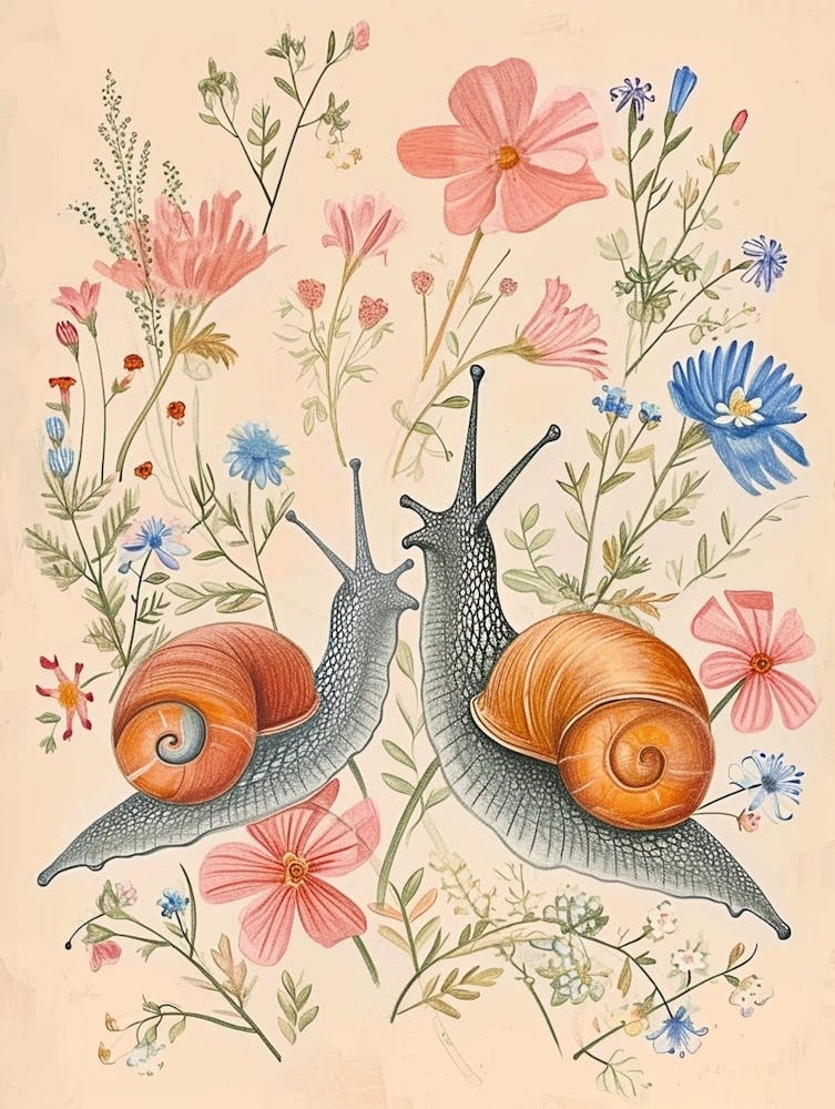 Folksy Floral Animal Drawing Snail