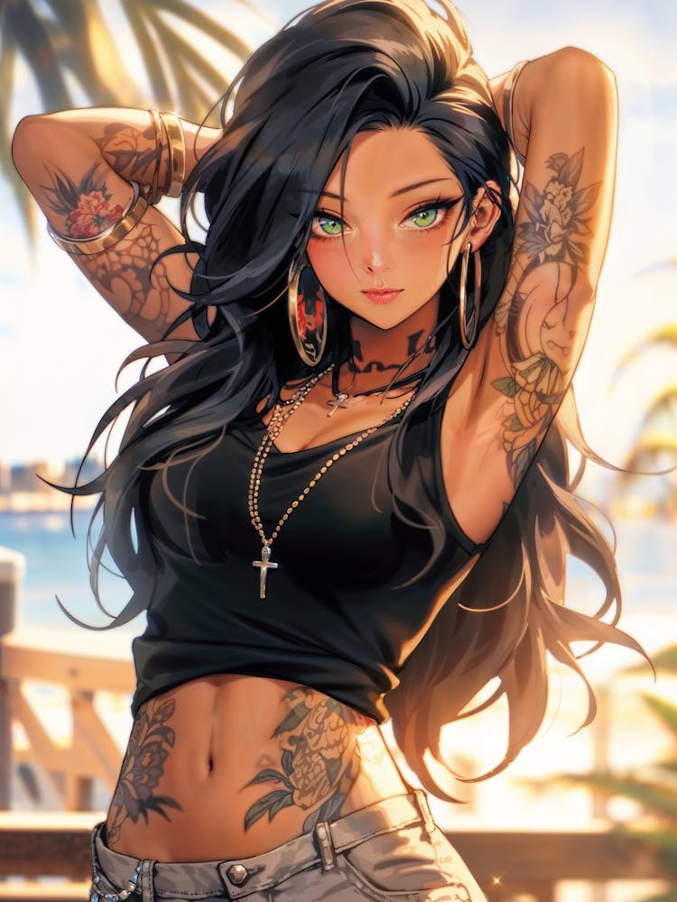 Enchanting manga magic at the beach: this anime girl is a captivating mix of cute and breathtakingly sexy tattoos.