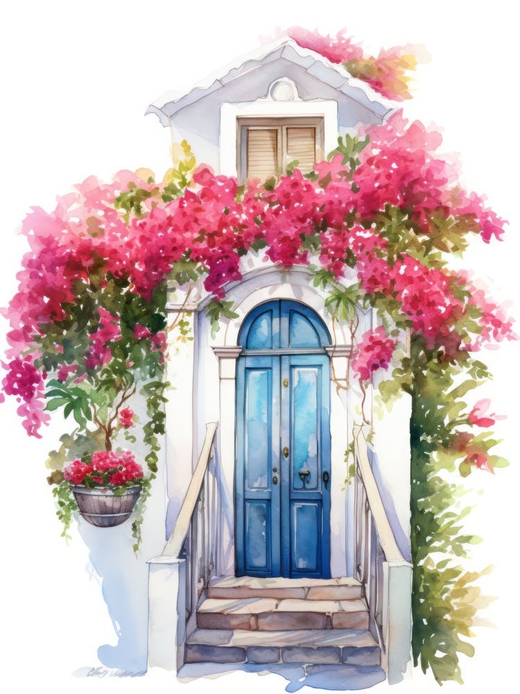 Santorini, Greece   Mediterranean Doors Watercolour Painting 6