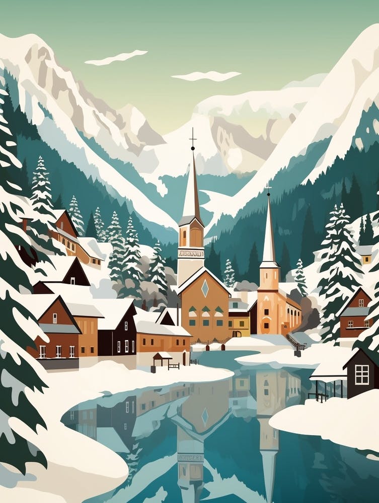 Retro Winter Illustration Hallstatt Austria 3