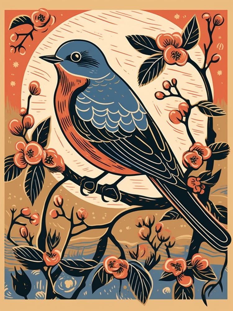 Vintage Bird Linocut Eastern Bluebird 2