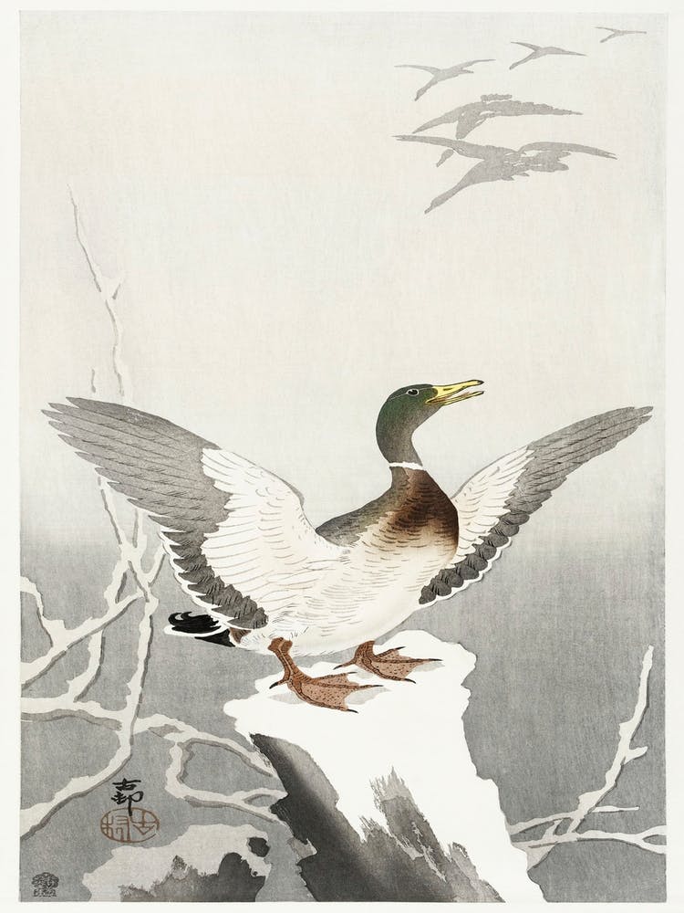 Canard Sur Souche D'Arbre Enneigée (1900 1910), Ohara Koson