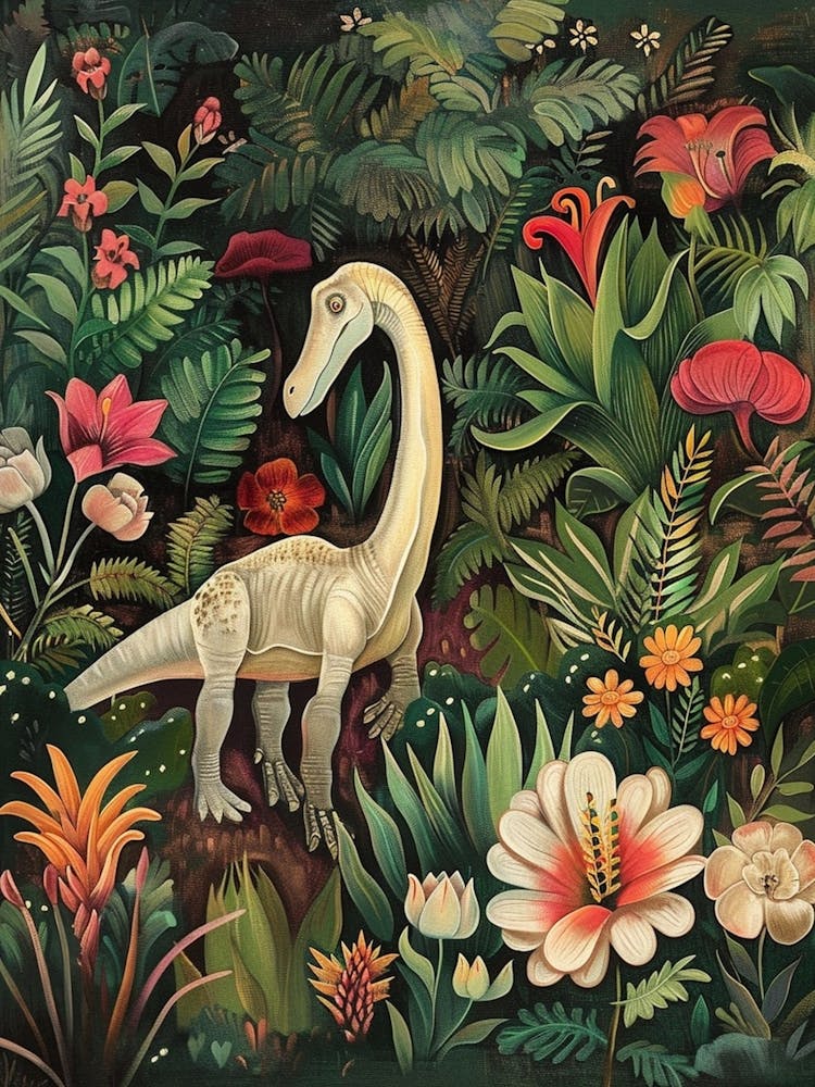 Dinosaur In Tropical Flowers Painting 2