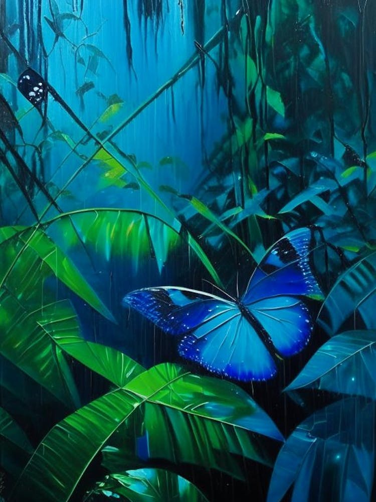 Morpho Butterflies In Rain Forest Oil Painting 2