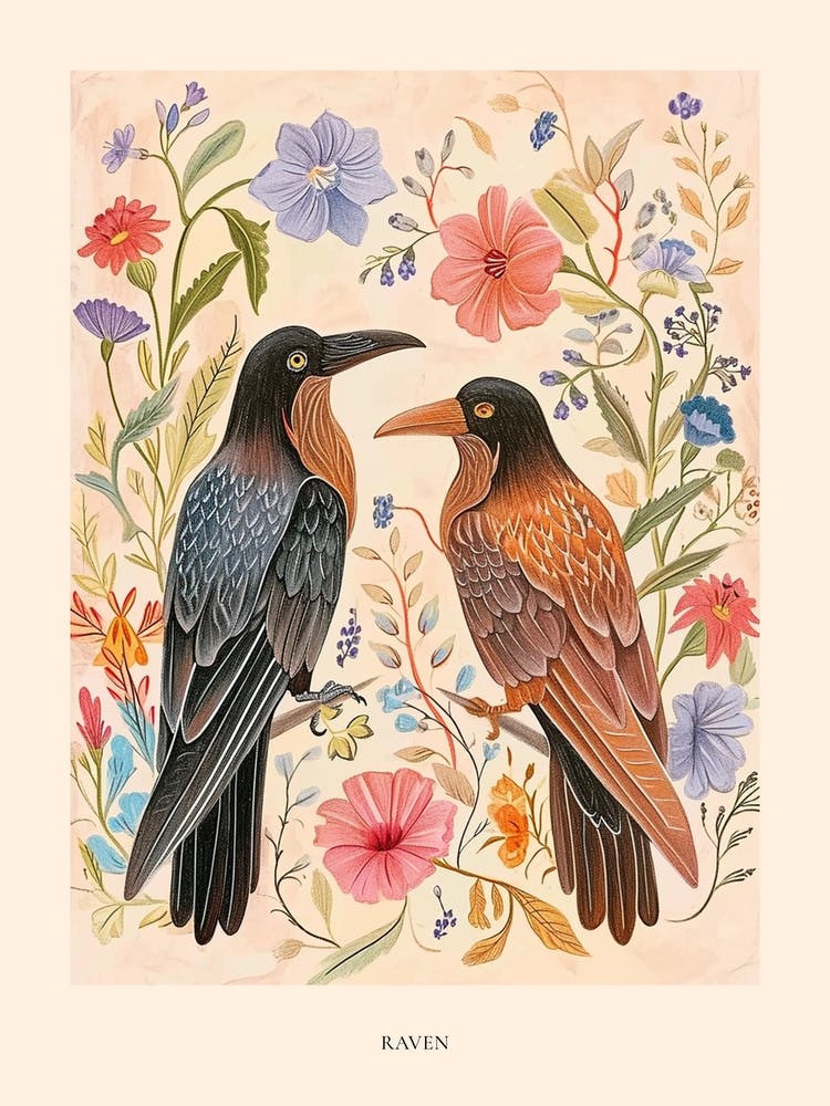 Folksy Floral Animal Drawing Raven 2 Poster