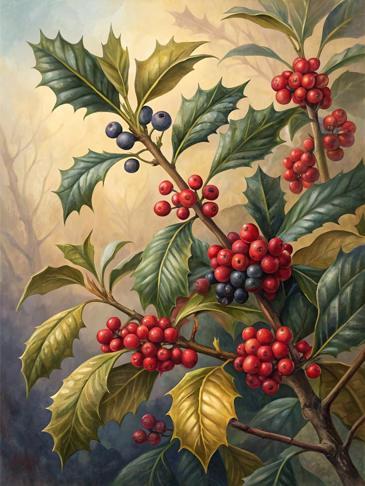 Oil Painting Style Branch And Berry Botanical