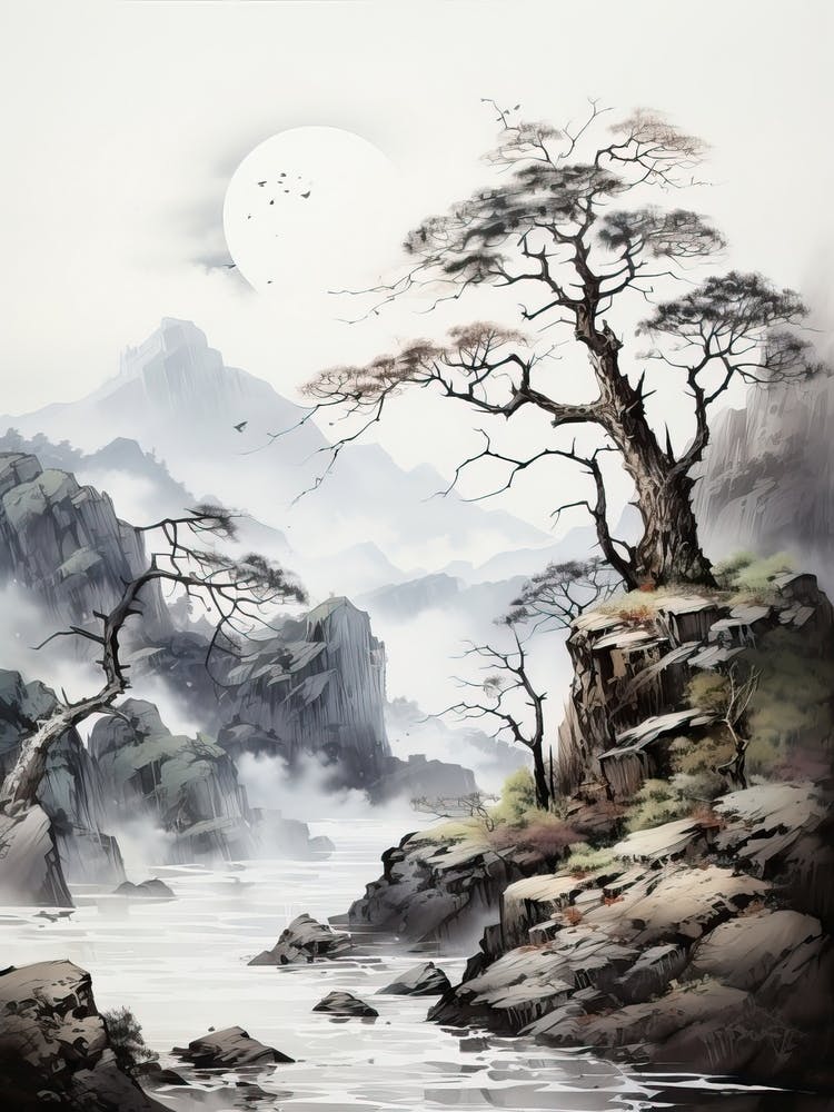 Tojinbo Cliffs In Fukui, Japanese Brush Painting, Ukiyo E, Minimal 2