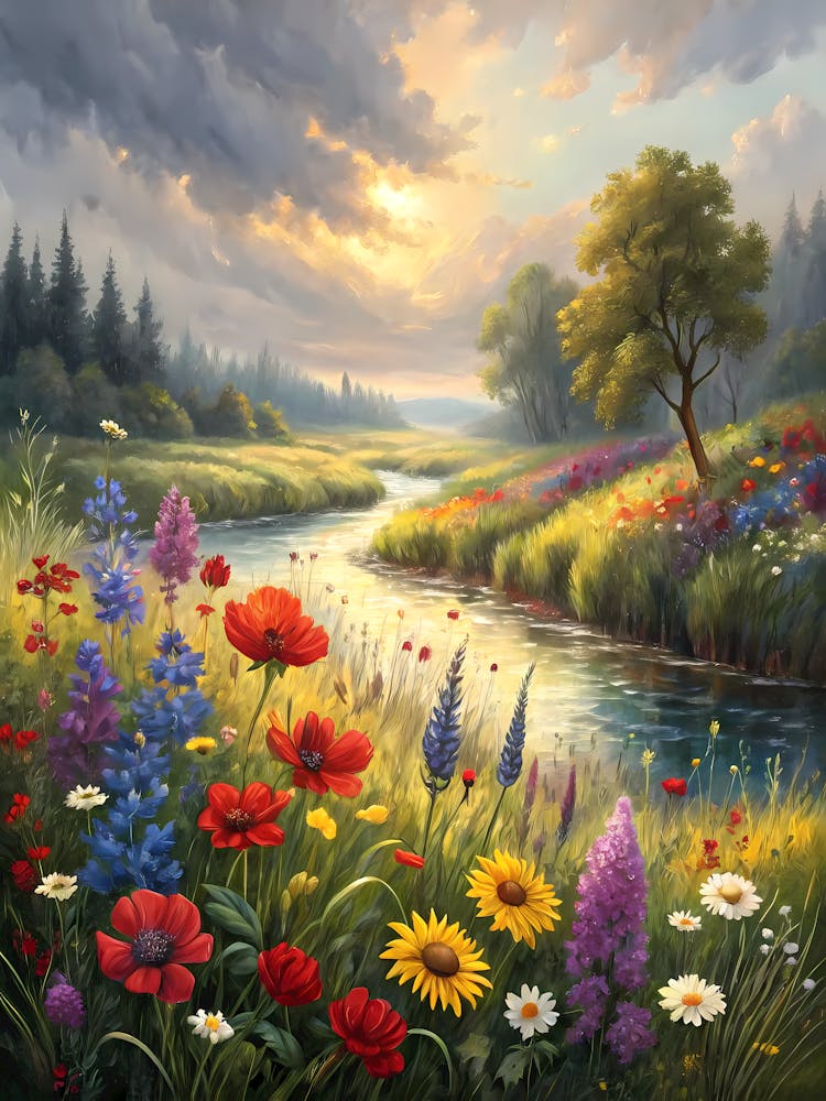 Oil Painting Style Vibrant Wildflower River Lush Landscape with Poppies & Daisies