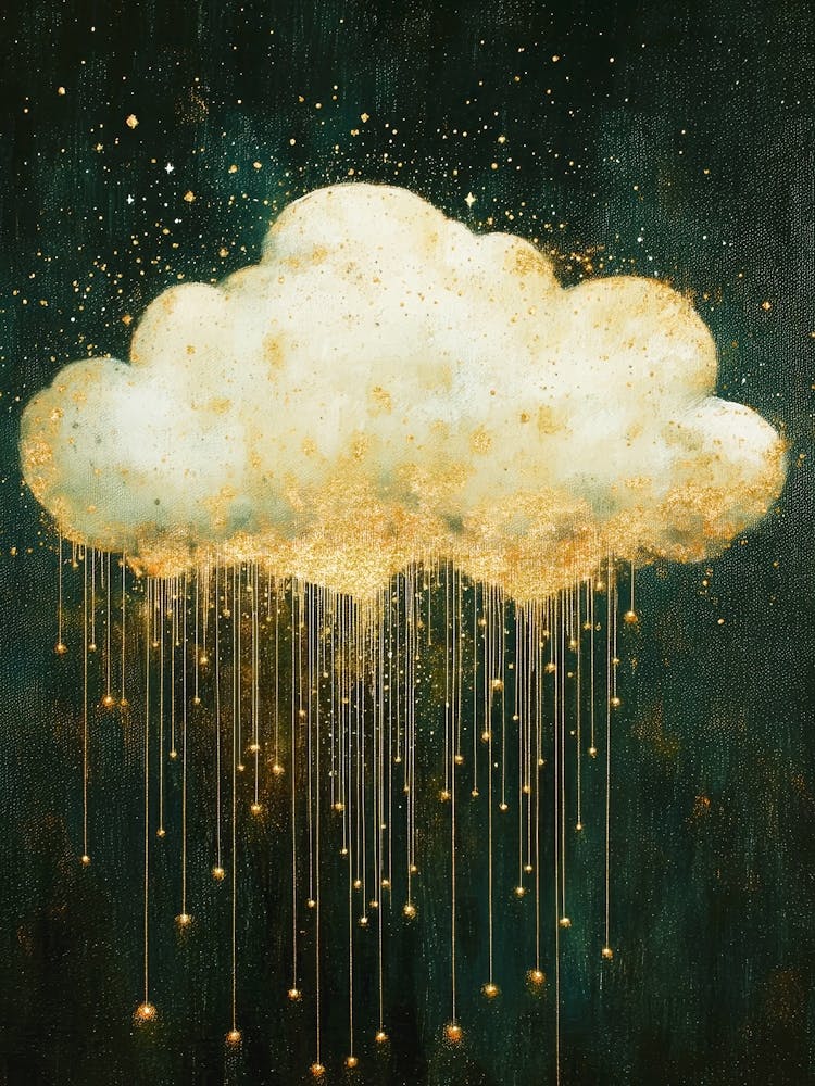 Golden rain from moody cloud painting in dark and warm gold tones in a minimalist luxe aesthetic, surreal celestial art in the style of Gustav Klimt ideal for bedrooms, luxe livng rooms, entryways, modern interiors 4