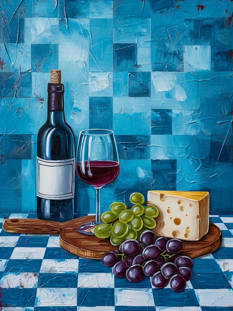 Wine Cheese & Grapes Blue Checkerboard 1