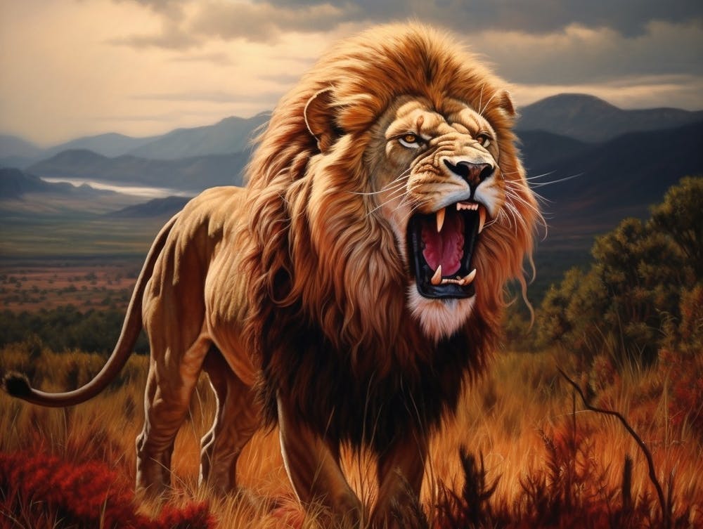 African Lion Roaring Realism Painting 1