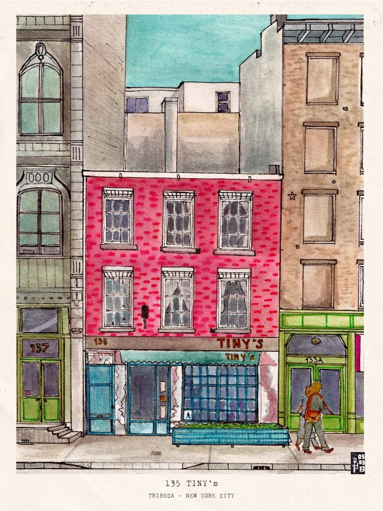 Tiny's 135 & The Bar Upstairs Tribeca Manhattan - Rustikale Stadtlandschaft Wandkunst - Aquarell NYC Kunstdruck - Handgezeichneter New York Kunstdruck