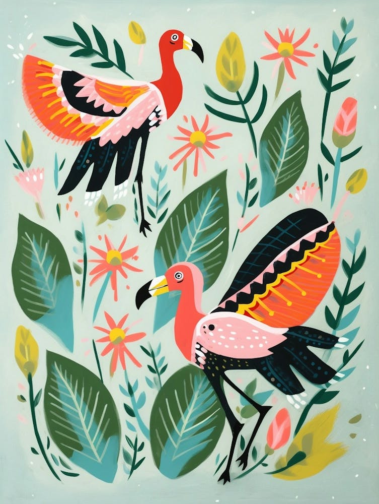 Folk Style Bird Painting Flamingo 1