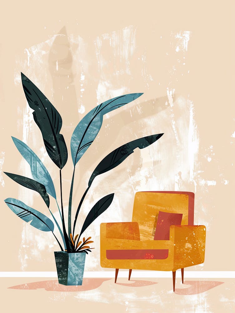Orange Chair With Plant, Boho, Minimalism