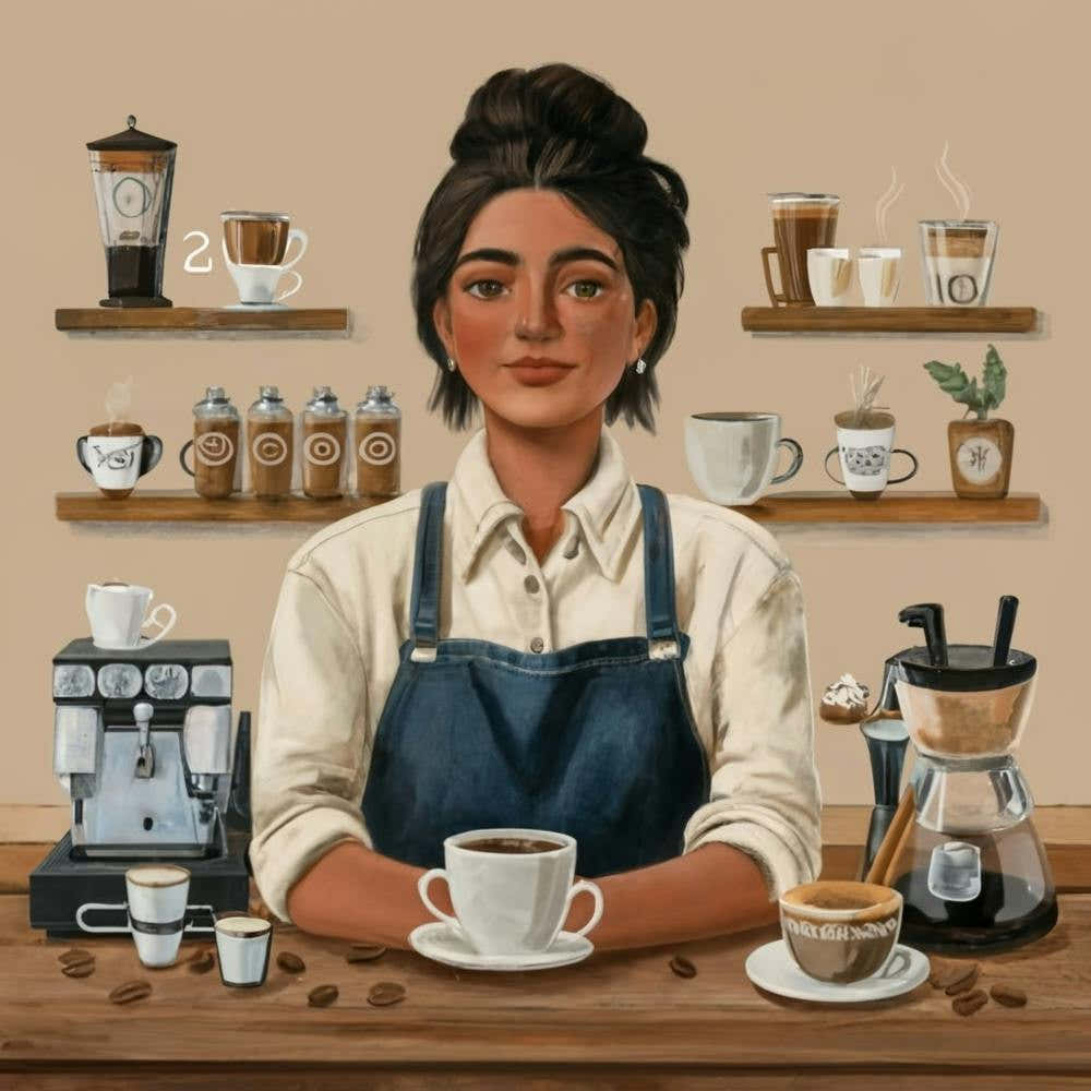 a skilled barista in a cozy coffee shop, surrounded by espresso machines, coffee beans, and latte art. This warm and visually rich art print is perfect for coffee enthusiasts and those who appreciate the craft of specialty coffee, bringing a touch of coff