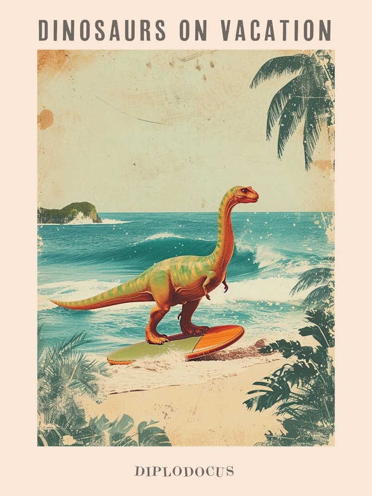 Vintage Diplodocus Dinosaurier auf einem Surfbrett 3 Poster