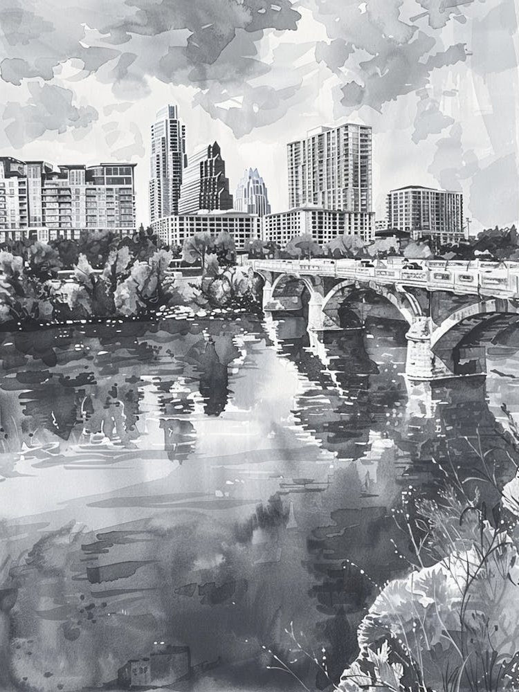 Red River Cultural District Austin Texas Black And White Watercolour 4