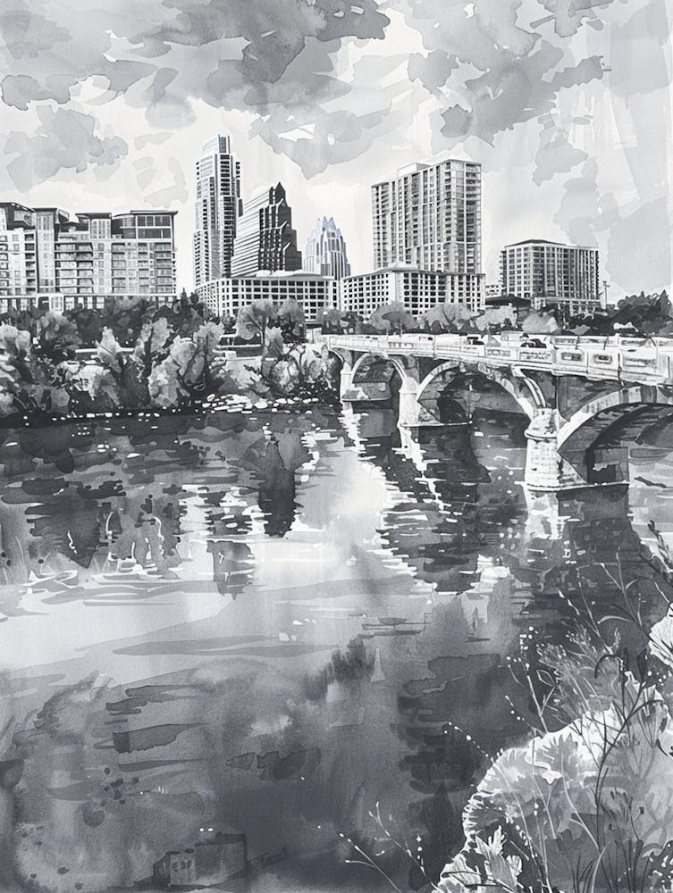 Red River Cultural District Austin Texas Black And White Watercolour 4