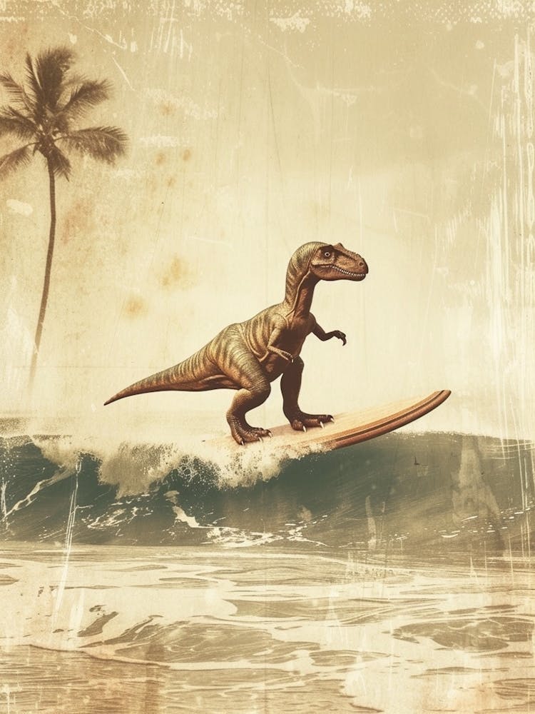 Vintage Edmontosaurus Dinosaur On A Surf Board  2