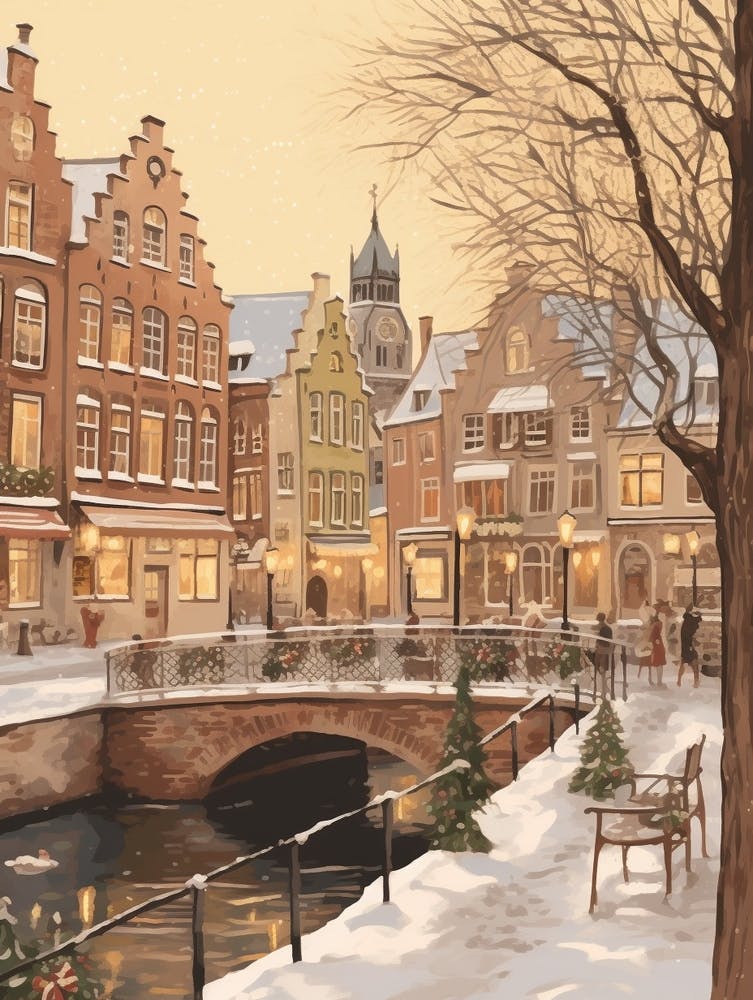 Vintage Winter Illustration Bruges Belgium 1
