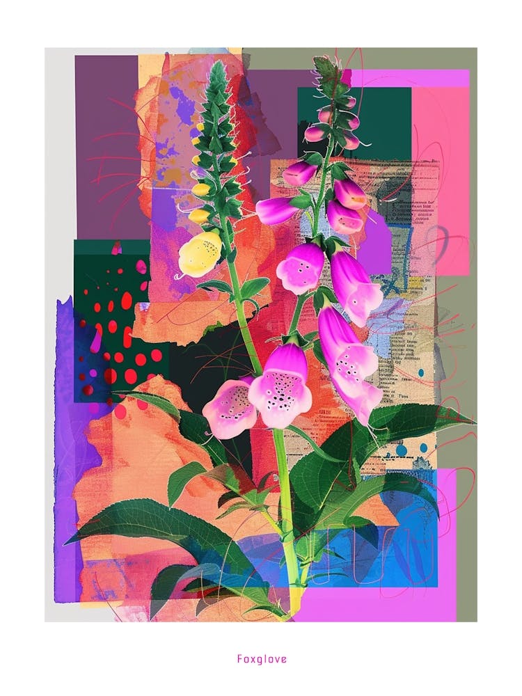 Foxglove 2 Neon Flower Collage Poster