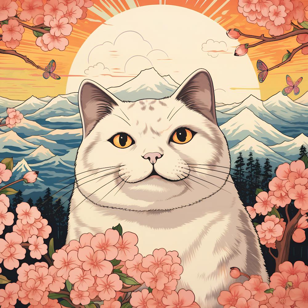 Ukiyoe painting of a White Cat In Cherry Blossoms