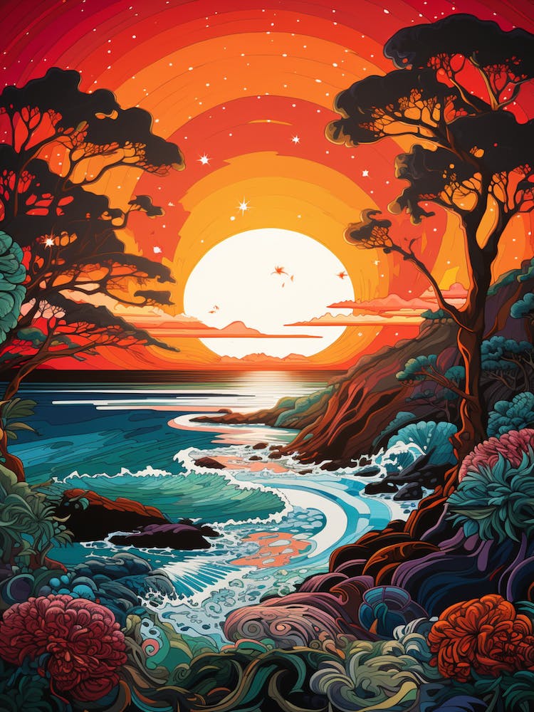 Coral Beach Australia At Sunset, Vibrant Painting 2