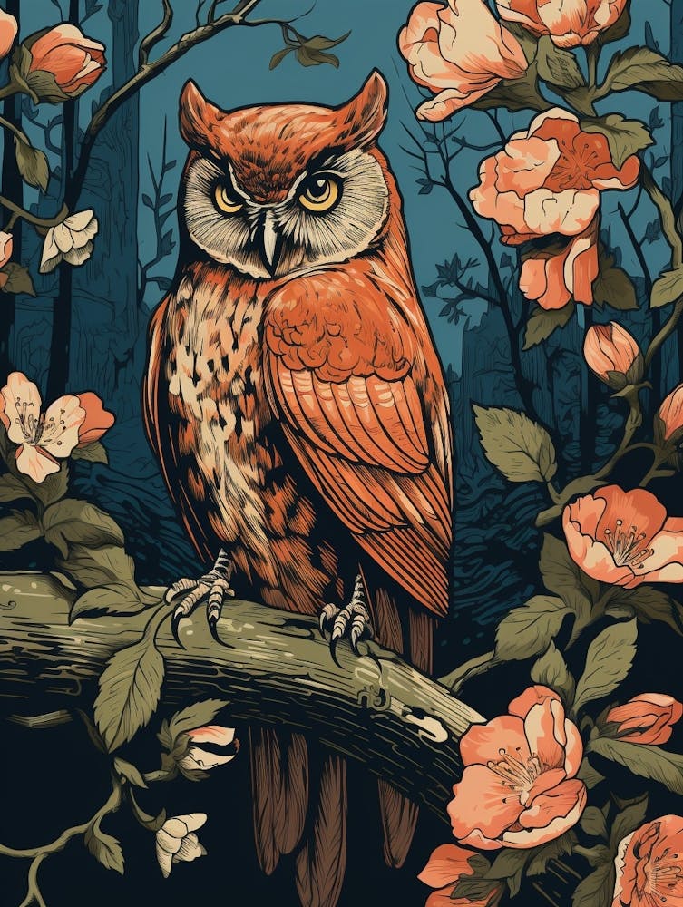 Vintage Bird Linocut Eastern Screech Owl 1