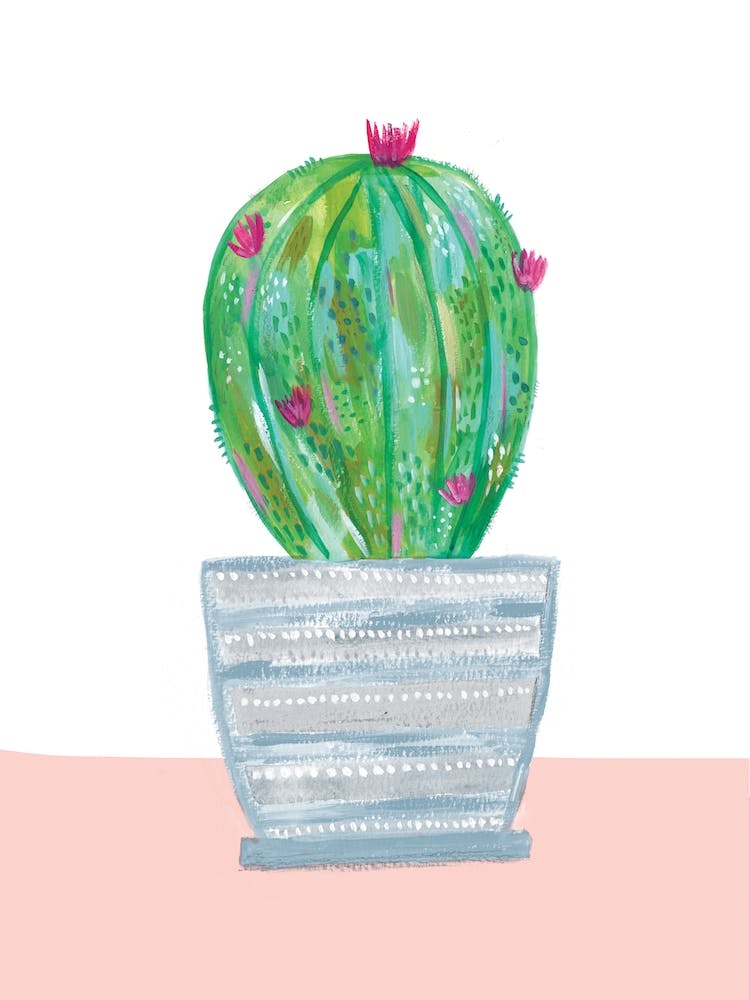 Painted Cactus In Grey Patterned Pot