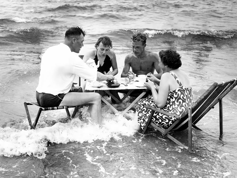 Tea Party in the Surf Vintage Black and White Vintage Photo