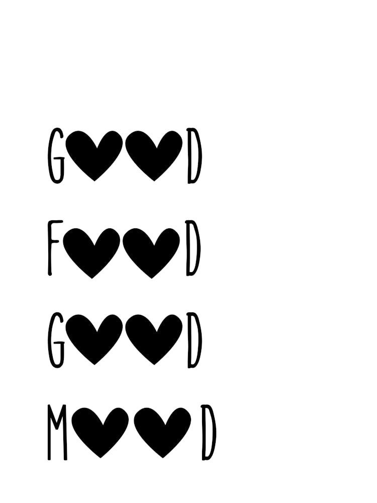 Good Food, Good Mood, Quote In White, Heart Food Kitchen Love Art