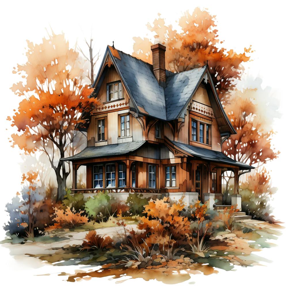 Watercolor House In Autumn 1