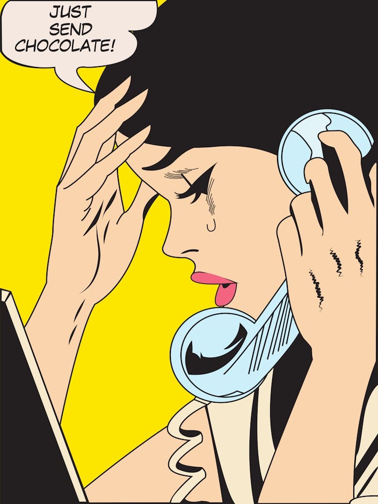 Pop Art Girl Face In Tears Says Just Send Chocolate On The Phone