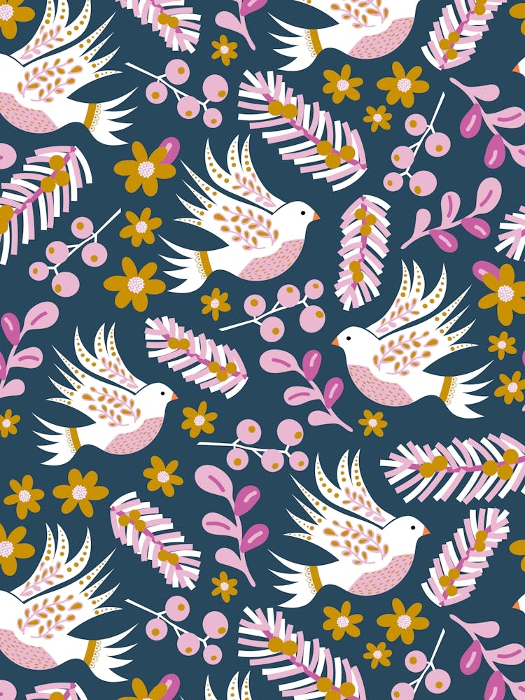 Folk Art Christmas White Doves and Pink and Gold Winter Florals on Navy Blue