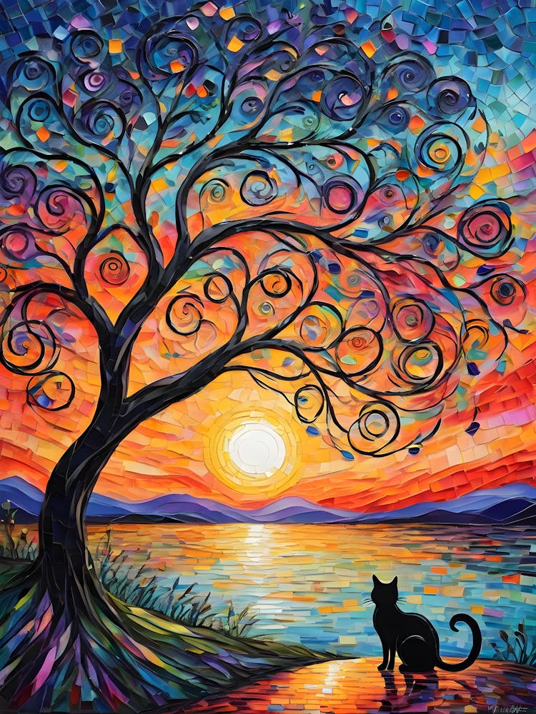 Rainbow Tree - Beautiful Rainbow Mosiac of Whimsical Black Cat Watching the Sun Set Whimsy Kitty Art for Cat Lover, Cat Lady, Chakra Pride Pagan Witch Colorful HD