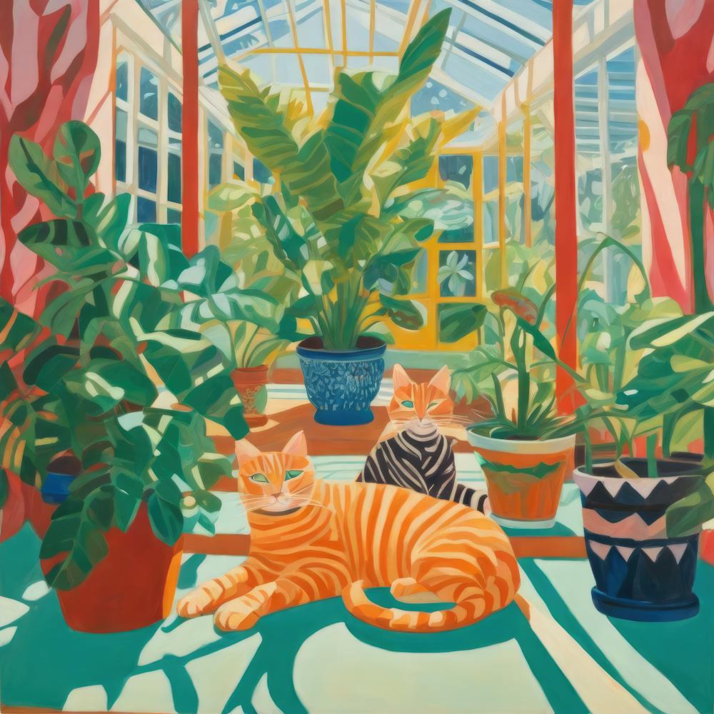 David Hockney Style. Cats in Sunlit Conservatory Series