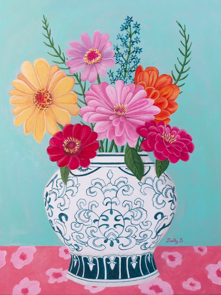 Vase Chinoiserie Et Zinnia