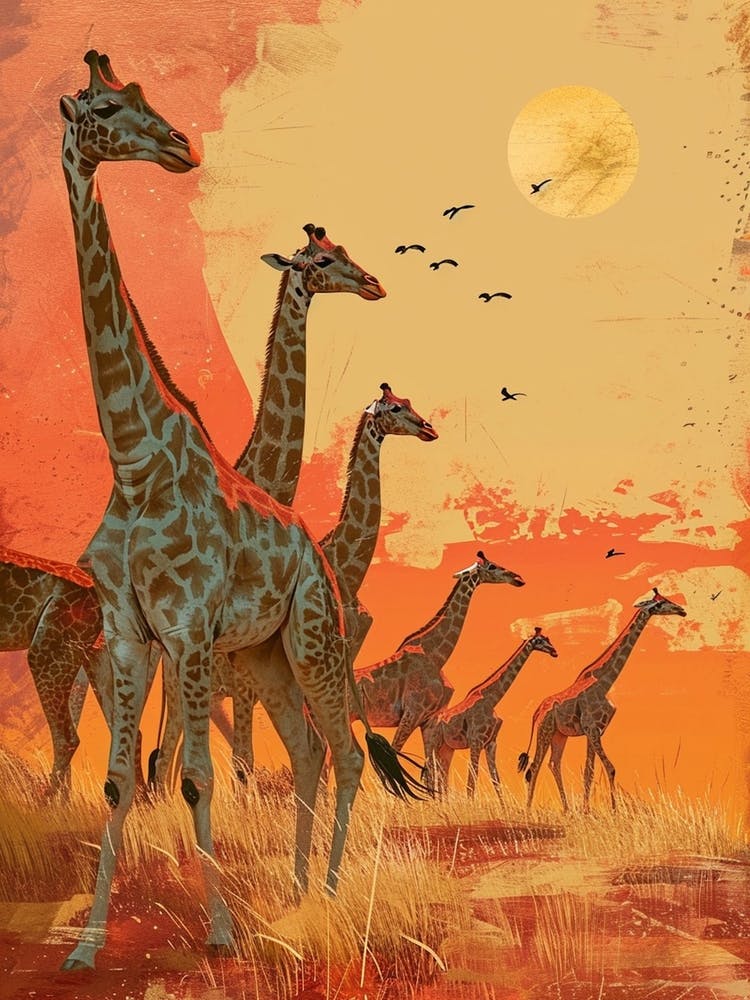 Group Of Giraffes In The Sunset 2
