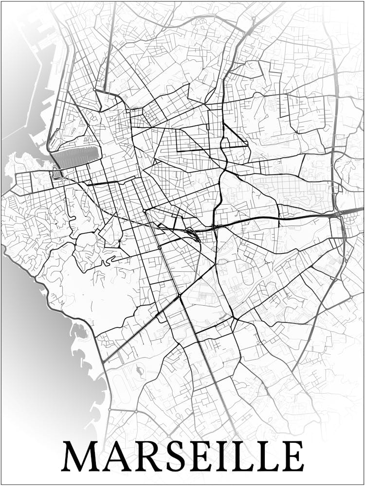 Marseille, Bouches Du Rhône, France, Stadtplan, Schwarz-Weiß-Verblassungsdesign
