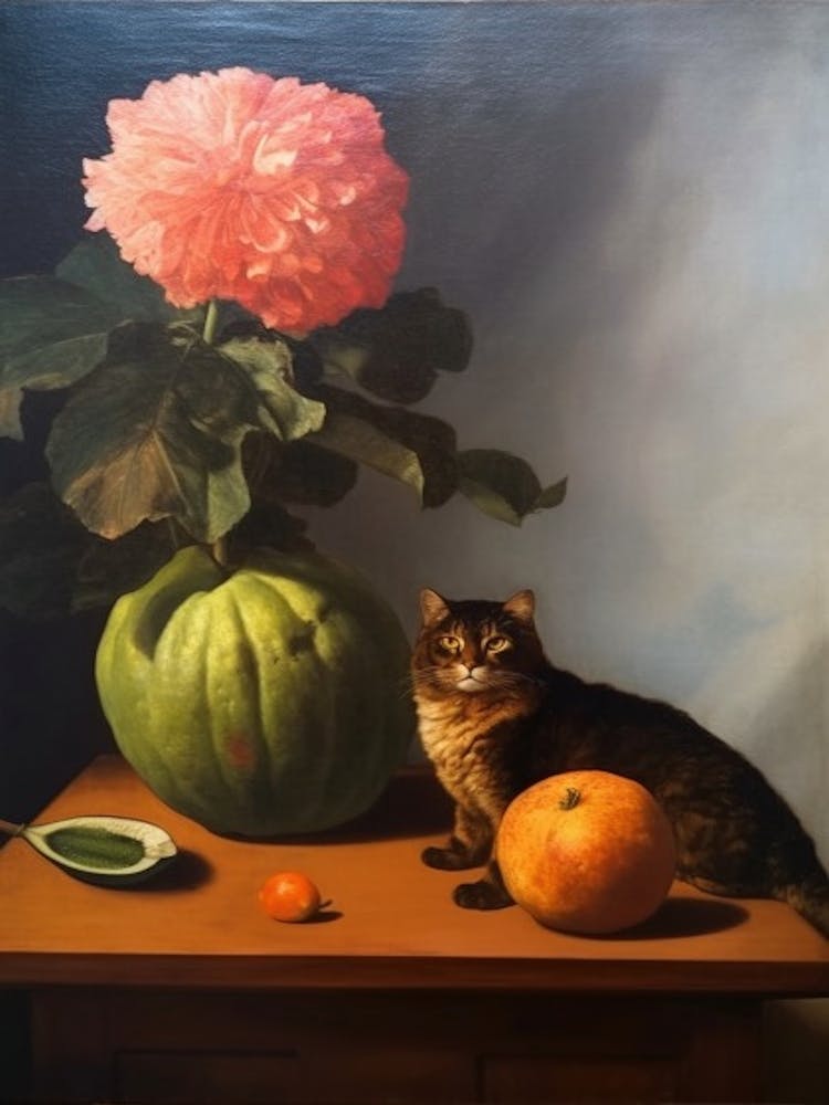 Painting Of A Still Life Of A Dahlia With A Cat, Realism 2