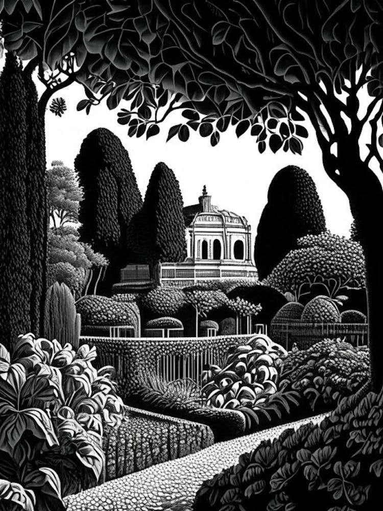 Giardino Di Boboli, Italy Linocut Black And White Vintage