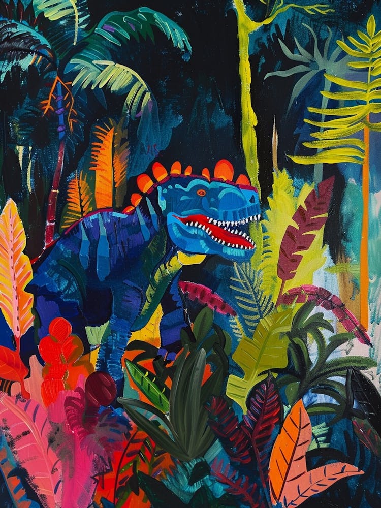 Colourful Dinosaur In The Jungle Leaves Painting 3