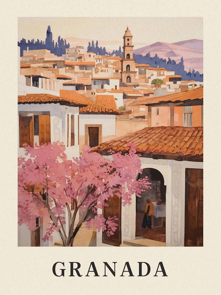 Granada Spain 2 Vintage Pink Travel Illustration Poster