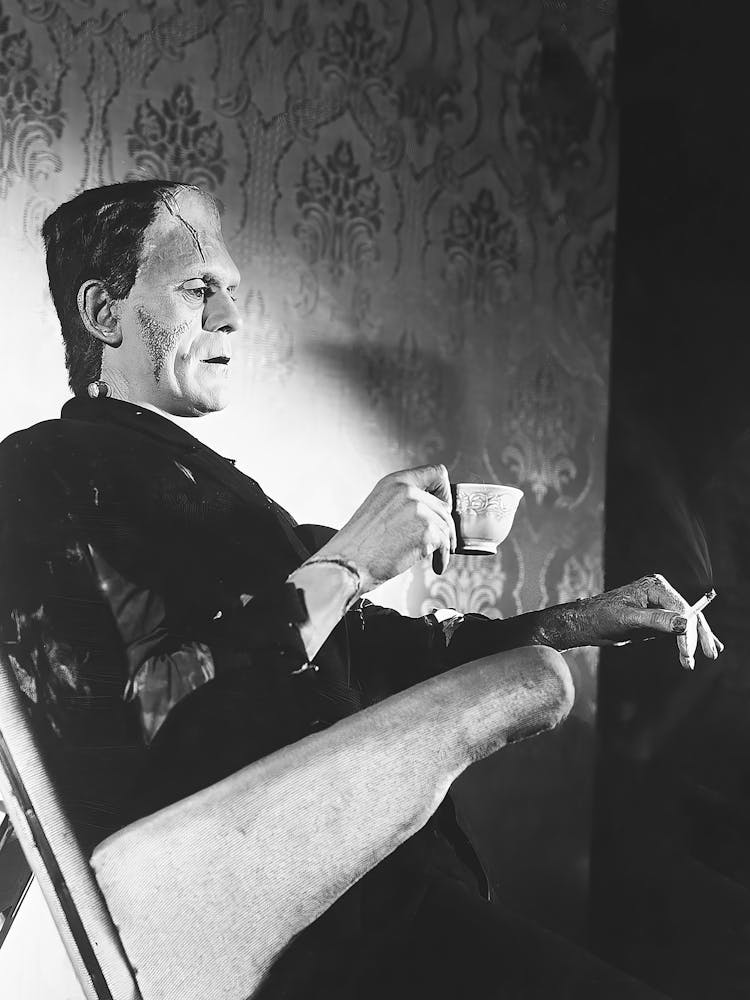 Frankenstein Drinking Tea and Smoking, Halloween, Black and White Old Photo